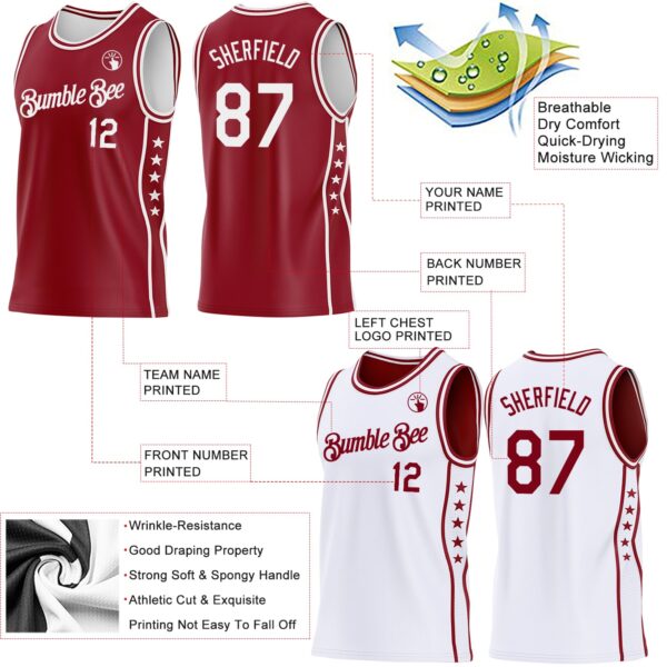 Custom Reversible Crimson White Double Side Star Sublimation Basketball Suit Jersey
