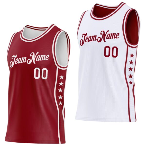 Custom Reversible Crimson White Double Side Star Sublimation Basketball Suit Jersey