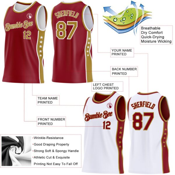Custom Reversible Crimson Old Gold-White Double Side Star Sublimation Basketball Suit Jersey