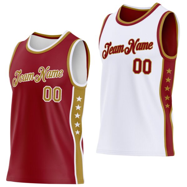 Custom Reversible Crimson Old Gold-White Double Side Star Sublimation Basketball Suit Jersey