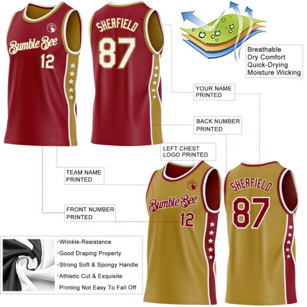 Custom Reversible Crimson White-Old Gold Double Side Star Sublimation Basketball Suit Jersey