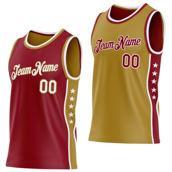 Custom Reversible Crimson White-Old Gold Double Side Star Sublimation Basketball Suit Jersey