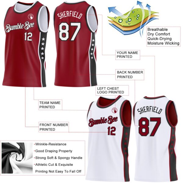 Custom Reversible Crimson White-Black Double Side Star Sublimation Basketball Suit Jersey
