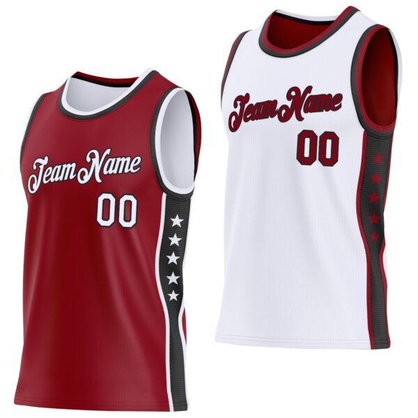 Custom Reversible Crimson White-Black Double Side Star Sublimation Basketball Suit Jersey
