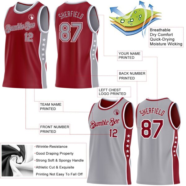 Custom Reversible Crimson Gray-White Double Side Star Sublimation Basketball Suit Jersey