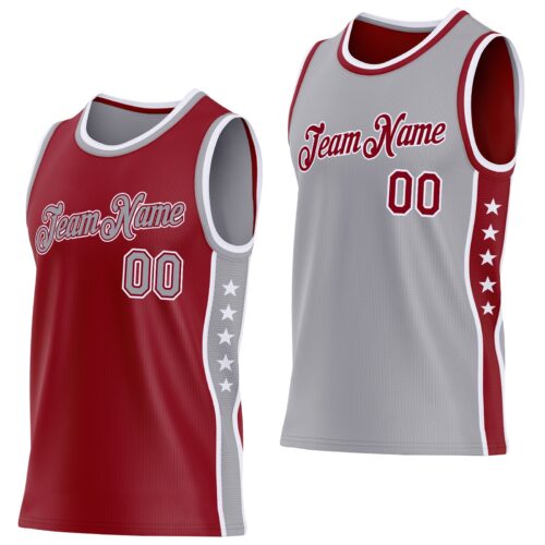 ReversibleD0440 Custom Reversible Crimson Gray-White Double Side Star Sublimation Basketball Suit Jersey