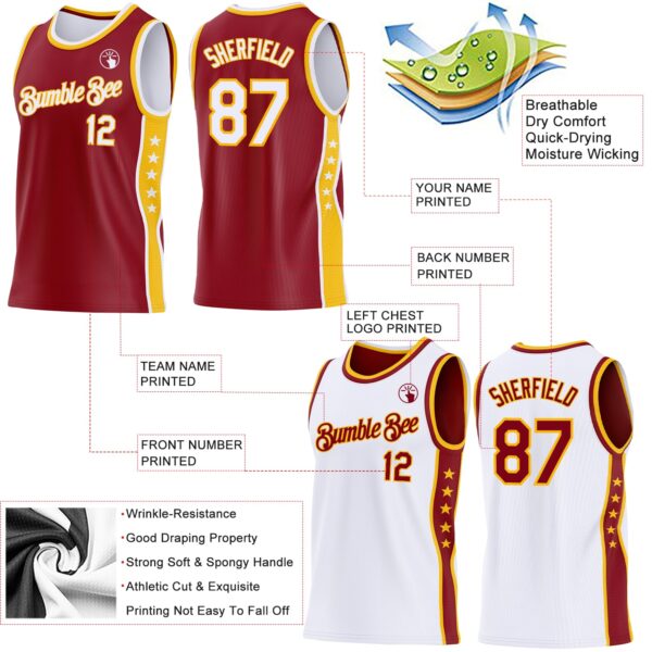 Custom Reversible Crimson White-Gold Double Side Star Sublimation Basketball Suit Jersey
