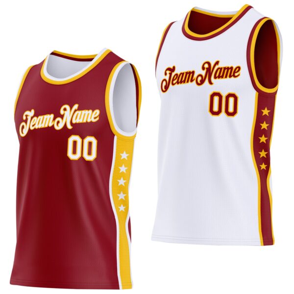 Custom Reversible Crimson White-Gold Double Side Star Sublimation Basketball Suit Jersey