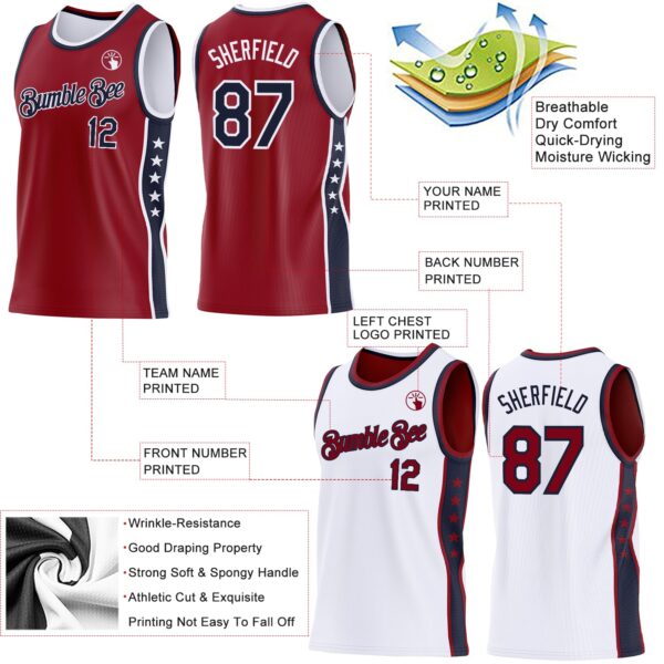 Custom Reversible Crimson Navy-White Double Side Star Sublimation Basketball Suit Jersey