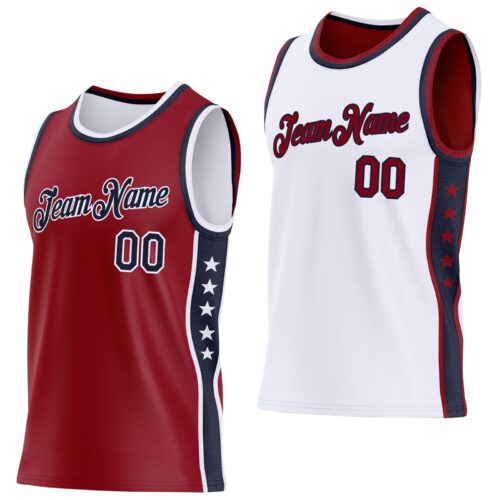 ReversibleD0442 Custom Reversible Crimson Navy-White Double Side Star Sublimation Basketball Suit Jersey