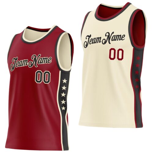 ReversibleD0443 Custom Reversible Crimson Black-Cream Double Side Star Sublimation Basketball Suit Jersey