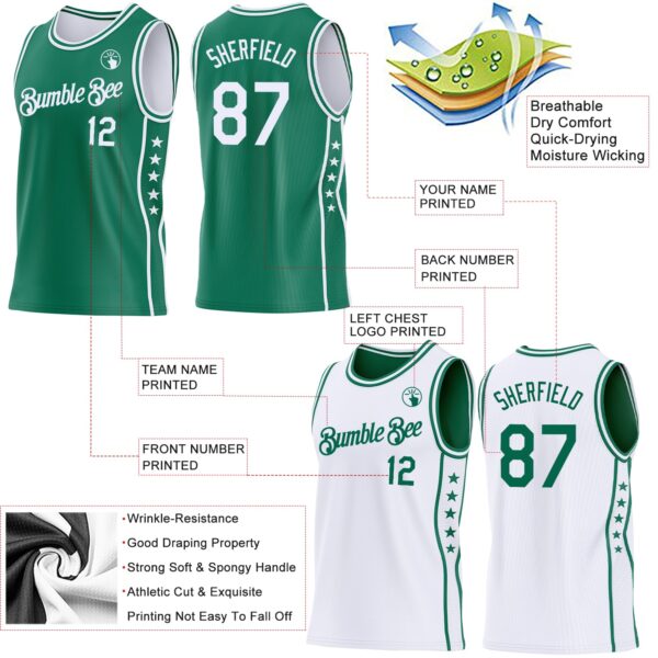 Custom Reversible Kelly Green White Double Side Star Sublimation Basketball Suit Jersey