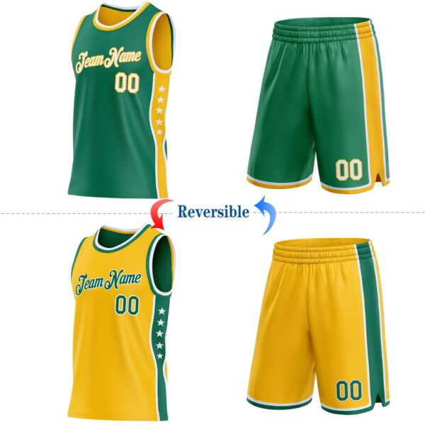 Custom Reversible Kelly Green White-Gold Double Side Star Sublimation Basketball Suit Jersey