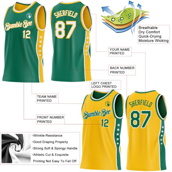 Custom Reversible Kelly Green White-Gold Double Side Star Sublimation Basketball Suit Jersey