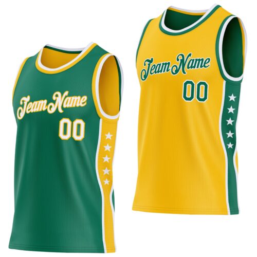 ReversibleD0445 Custom Reversible Kelly Green White-Gold Double Side Star Sublimation Basketball Suit Jersey