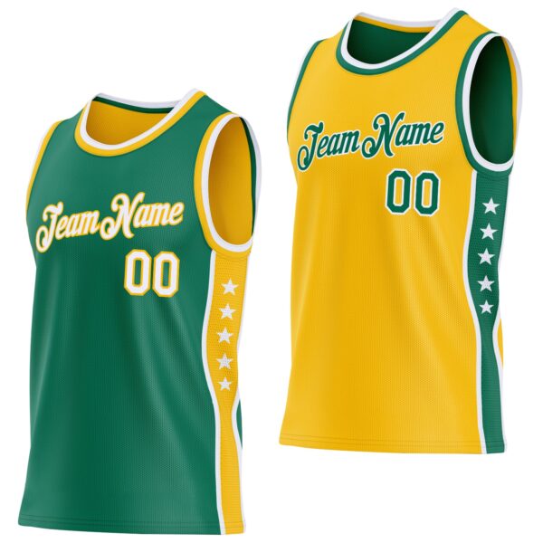 Custom Reversible Kelly Green White-Gold Double Side Star Sublimation Basketball Suit Jersey