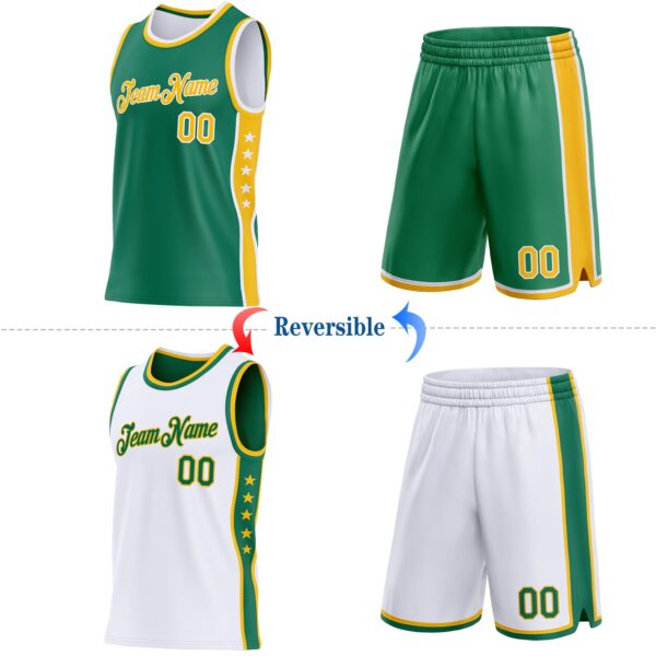Custom Reversible Kelly Green Gold-White Double Side Star Sublimation Basketball Suit Jersey