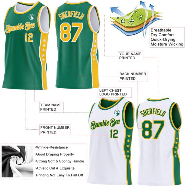 Custom Reversible Kelly Green Gold-White Double Side Star Sublimation Basketball Suit Jersey