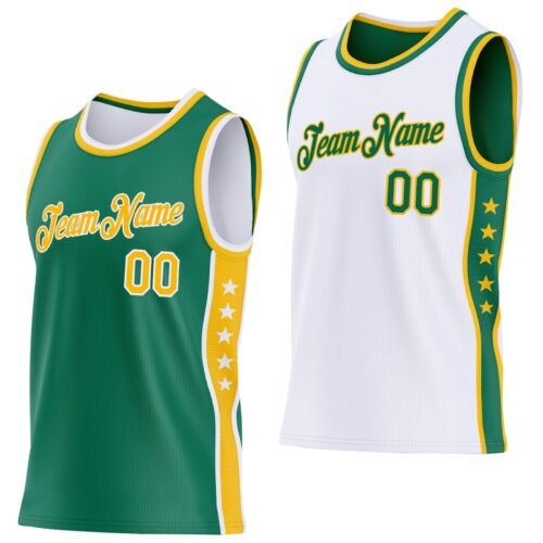 ReversibleD0446 Custom Reversible Kelly Green Gold-White Double Side Star Sublimation Basketball Suit Jersey