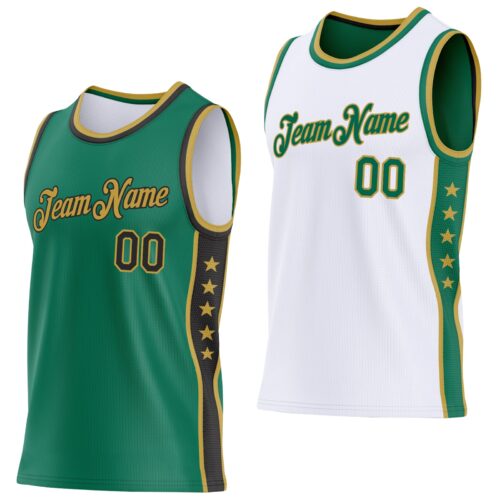 ReversibleD0447 Custom Reversible Kelly Green Black-Old Gold Double Side Star Sublimation Basketball Suit Jersey