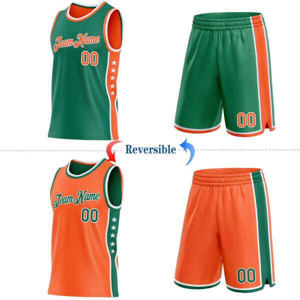 Custom Reversible Kelly Green Orange-White Double Side Star Sublimation Basketball Suit Jersey