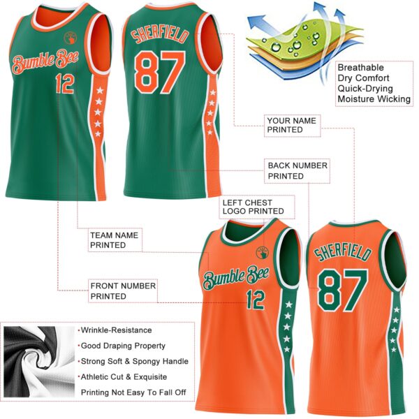 Custom Reversible Kelly Green Orange-White Double Side Star Sublimation Basketball Suit Jersey