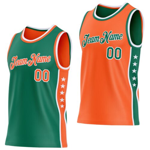 ReversibleD0448 Custom Reversible Kelly Green Orange-White Double Side Star Sublimation Basketball Suit Jersey