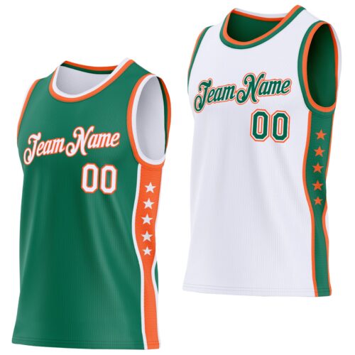 ReversibleD0449 Custom Reversible Kelly Green White-Orange Double Side Star Sublimation Basketball Suit Jersey