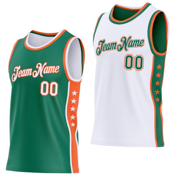 Custom Reversible Kelly Green White-Orange Double Side Star Sublimation Basketball Suit Jersey
