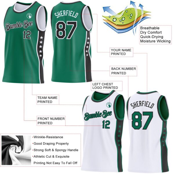 Custom Reversible Kelly Green Black-White Double Side Star Sublimation Basketball Suit Jersey