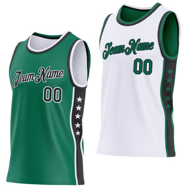 Custom Reversible Kelly Green Black-White Double Side Star Sublimation Basketball Suit Jersey