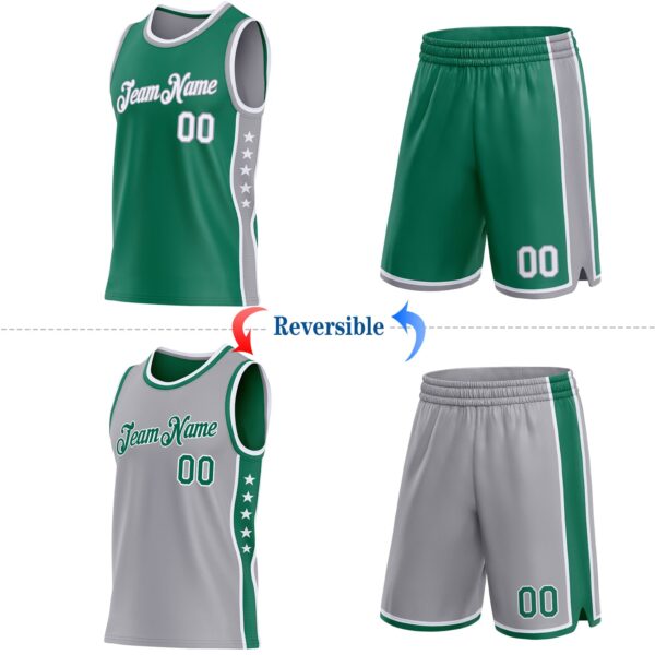 Custom Reversible Kelly Green White-Gray Double Side Star Sublimation Basketball Suit Jersey