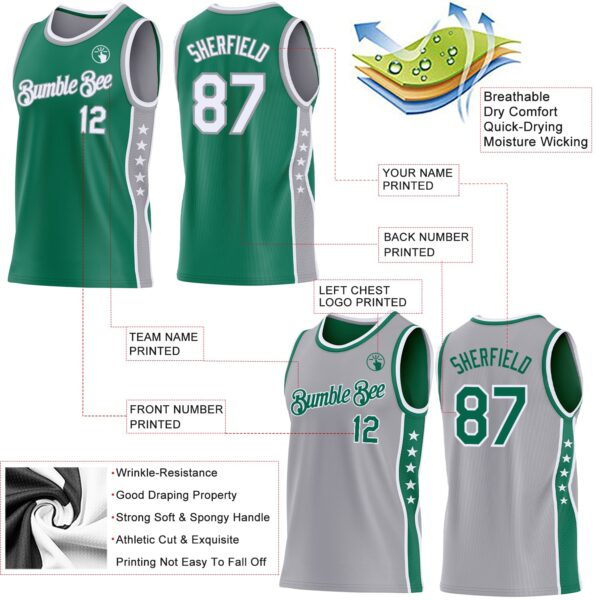 Custom Reversible Kelly Green White-Gray Double Side Star Sublimation Basketball Suit Jersey