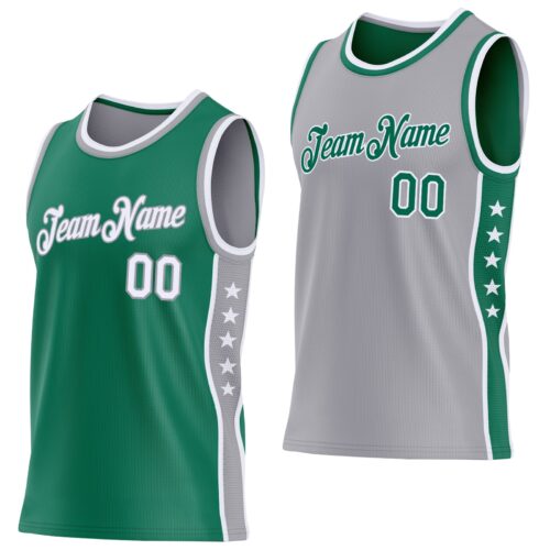 ReversibleD0451 Custom Reversible Kelly Green White-Gray Double Side Star Sublimation Basketball Suit Jersey