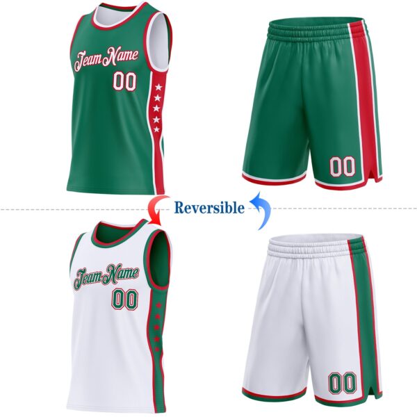 Custom Reversible Kelly Green White-Red Double Side Star Sublimation Basketball Suit Jersey