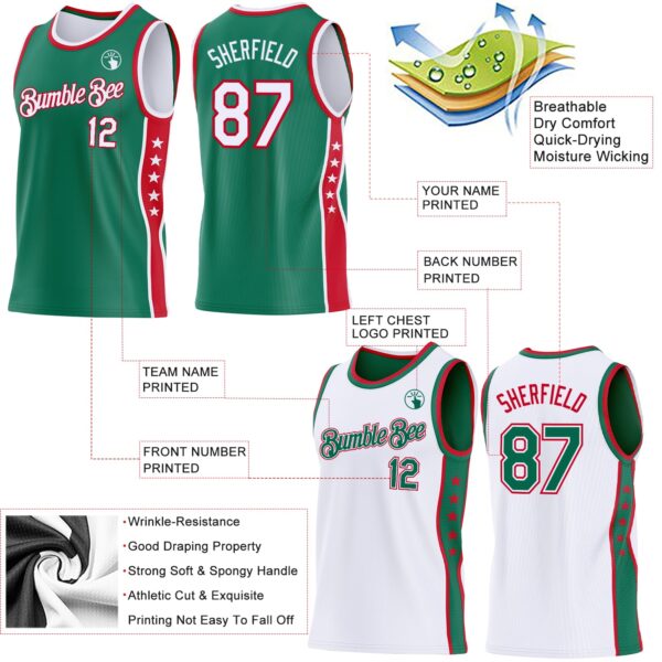 Custom Reversible Kelly Green White-Red Double Side Star Sublimation Basketball Suit Jersey