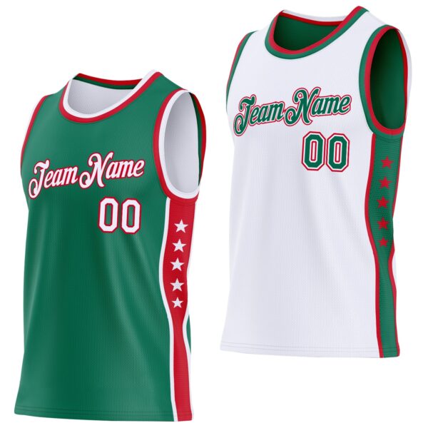 Custom Reversible Kelly Green White-Red Double Side Star Sublimation Basketball Suit Jersey