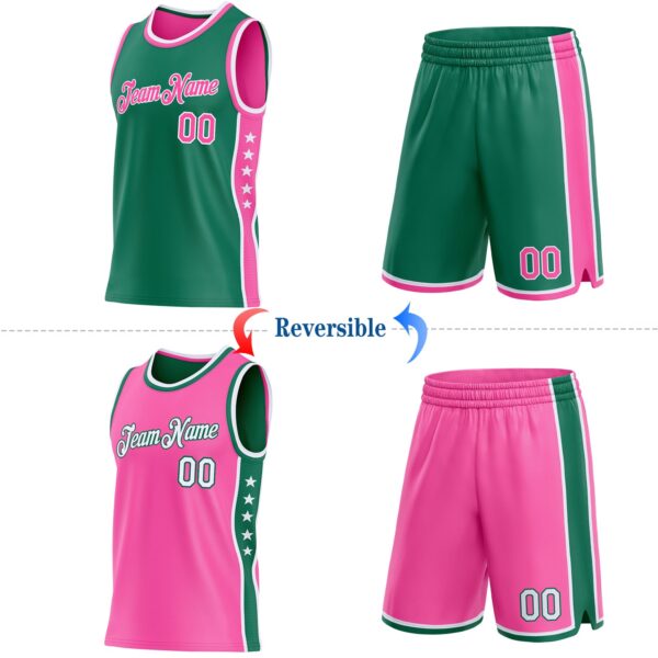 Custom Reversible Kelly Green Pink-White Double Side Star Sublimation Basketball Suit Jersey
