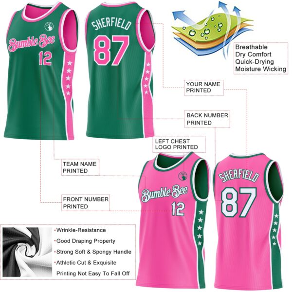 Custom Reversible Kelly Green Pink-White Double Side Star Sublimation Basketball Suit Jersey