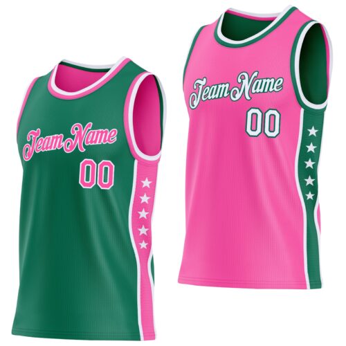 Custom Reversible Kelly Green Pink-White Double Side Star Sublimation Basketball Suit Jersey
