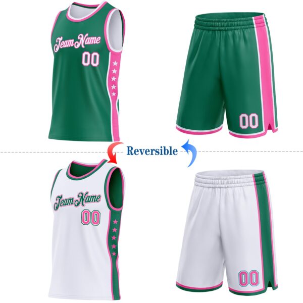Custom Reversible Kelly Green White-Pink Double Side Star Sublimation Basketball Suit Jersey