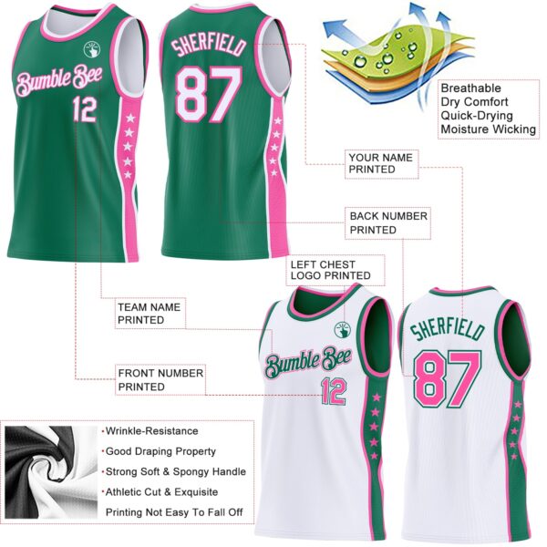 Custom Reversible Kelly Green White-Pink Double Side Star Sublimation Basketball Suit Jersey