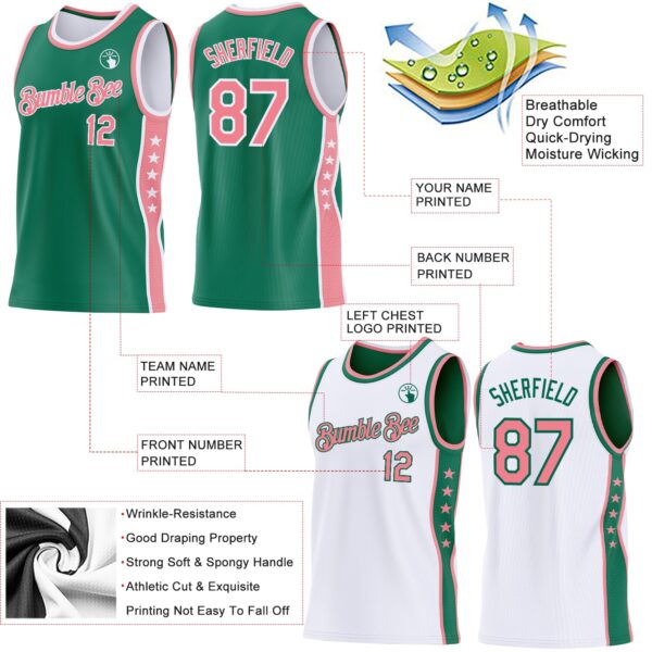 Custom Reversible Kelly Green Medium Pink-White Double Side Star Sublimation Basketball Suit Jersey
