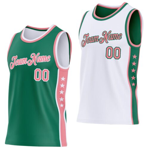 Custom Reversible Kelly Green Medium Pink-White Double Side Star Sublimation Basketball Suit Jersey