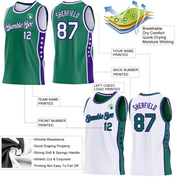 Custom Reversible Kelly Green White-Purple Double Side Star Sublimation Basketball Suit Jersey