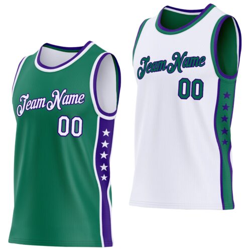 Custom Reversible Kelly Green White-Purple Double Side Star Sublimation Basketball Suit Jersey