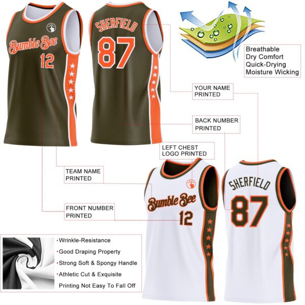 Custom Reversible Olive Orange-White Double Side Star Sublimation Basketball Suit Jersey