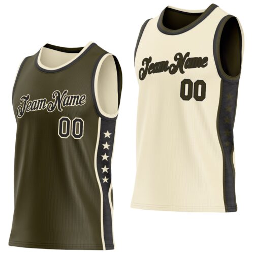 ReversibleD0458 Custom Reversible Olive Black-Cream Double Side Star Sublimation Basketball Suit Jersey