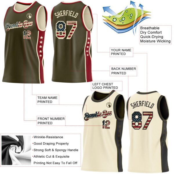 Custom Reversible Olive Vintage USA Flag-Cream Double Side Star Sublimation Basketball Suit Jersey