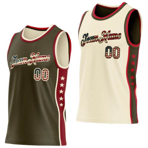 Custom Reversible Olive Vintage USA Flag-Cream Double Side Star Sublimation Basketball Suit Jersey